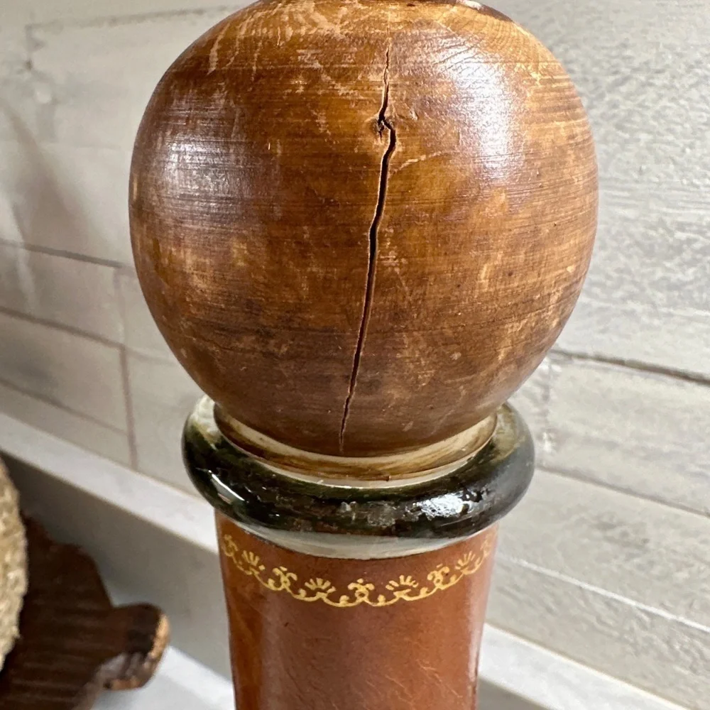 VINTAGE, GENUINE ITALIAN LEATHER-WRAPPED, EMPTY, GLASS LIQUOR DECANTER.